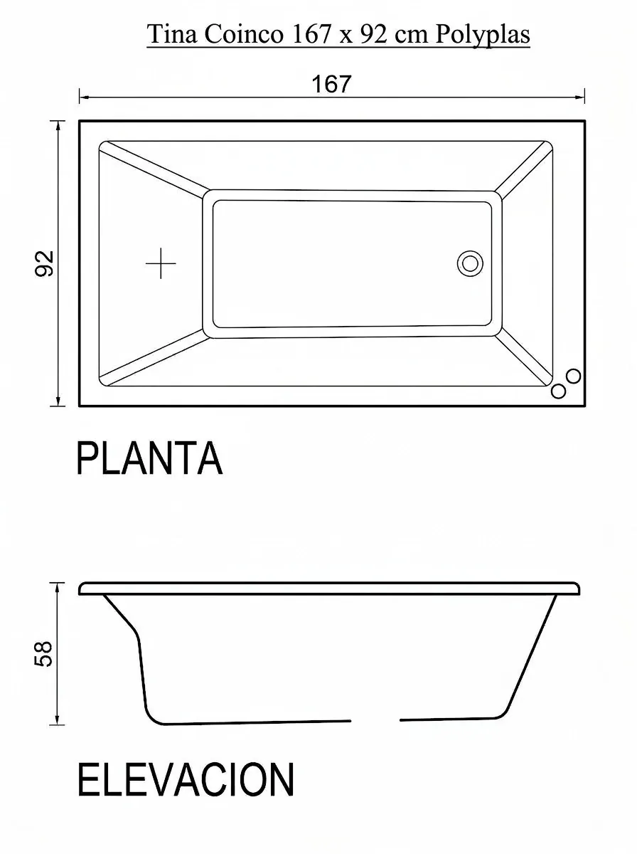 Plano de medidas Casco de Tina Coinco 167×92×58 cm: planta y elevación