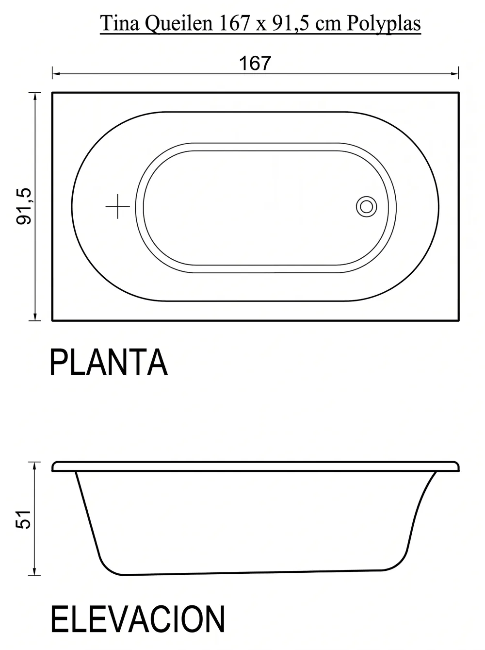 Plano de medidas Casco de Tina Queilen 167×91,5×51 cm: planta y elevación