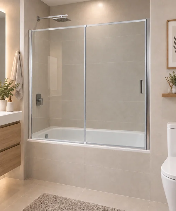 Mampara de vidrio transparente instalada sobre una tina de baño - Polyplas